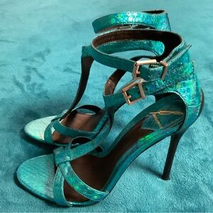 Brian Atwood BFLaetitia Blue Python Turquoise Double Ankle Strap Heels Sandals
